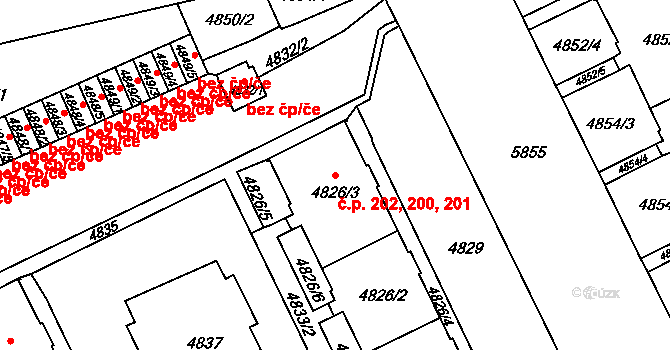 Liberec III-Jeřáb 200,201,202, Liberec na parcele st. 4826/3 v KÚ Liberec, Katastrální mapa