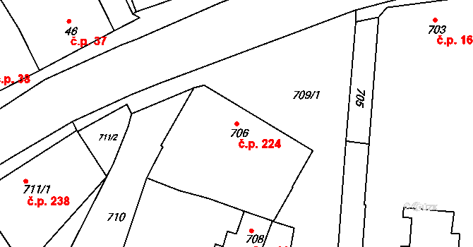Kuřim 224 na parcele st. 706 v KÚ Kuřim, Katastrální mapa