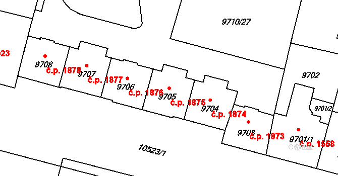 Jižní Předměstí 1875, Plzeň na parcele st. 9705 v KÚ Plzeň, Katastrální mapa