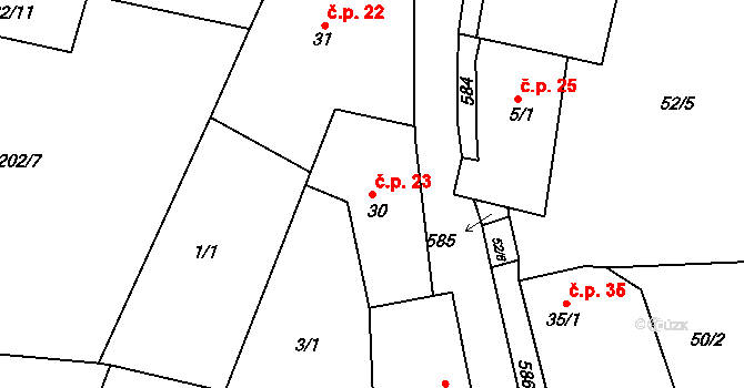 Lžovice 23, Týnec nad Labem na parcele st. 30 v KÚ Lžovice, Katastrální mapa
