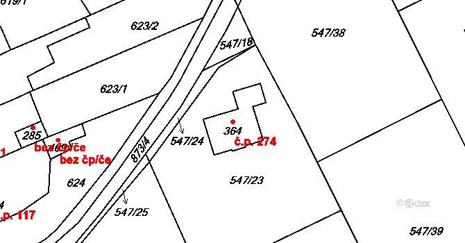 Unčín 274, Krupka na parcele st. 364 v KÚ Unčín u Krupky, Katastrální mapa