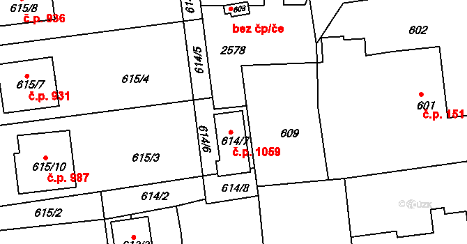 Třemošná 1059 na parcele st. 614/7 v KÚ Třemošná, Katastrální mapa