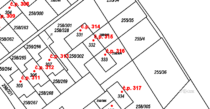 Jenštejn 316 na parcele st. 333 v KÚ Jenštejn, Katastrální mapa