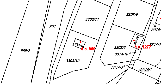 Velké Meziříčí 969 na parcele st. 3303/14 v KÚ Velké Meziříčí, Katastrální mapa