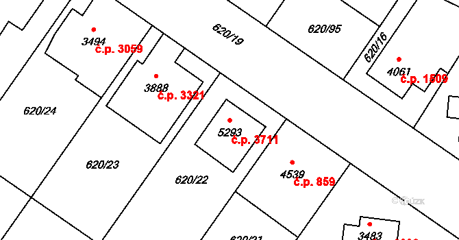 Zlín 3711 na parcele st. 5293 v KÚ Zlín, Katastrální mapa