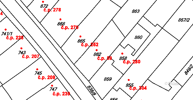 Huštěnovice 59 na parcele st. 862 v KÚ Huštěnovice, Katastrální mapa