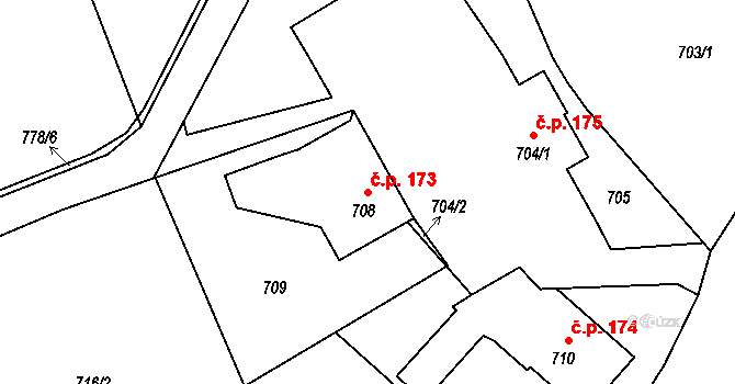 Rapotín 173 na parcele st. 708 v KÚ Rapotín, Katastrální mapa