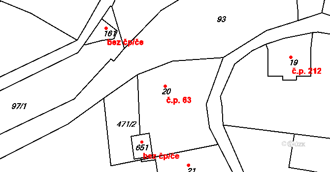 Zbečník 63, Hronov na parcele st. 20 v KÚ Zbečník, Katastrální mapa