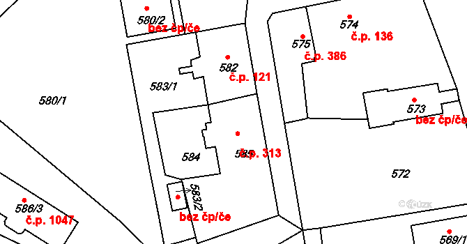 Třemošná 313 na parcele st. 585/1 v KÚ Třemošná, Katastrální mapa