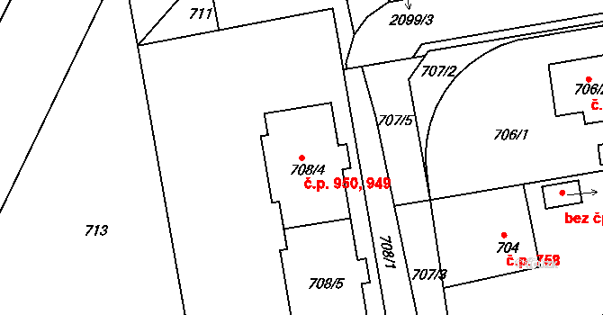 Třemošná 949,950 na parcele st. 708/4 v KÚ Třemošná, Katastrální mapa