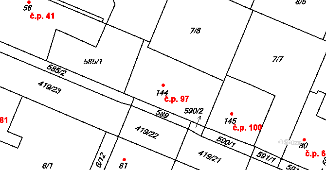 Trnová 97, Pardubice na parcele st. 144 v KÚ Trnová, Katastrální mapa