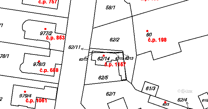 Modřice 1157 na parcele st. 62/14 v KÚ Modřice, Katastrální mapa