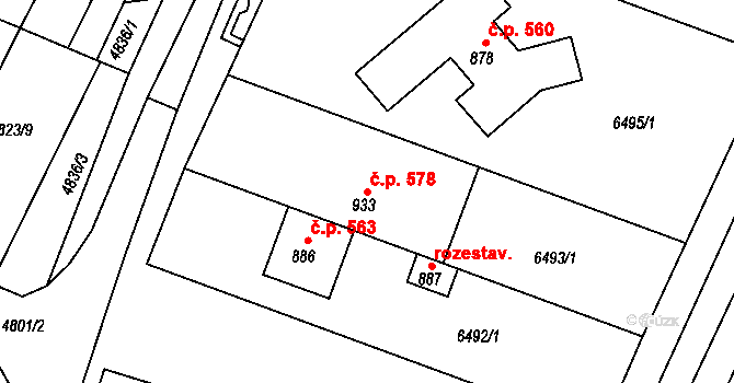Šumice 578 na parcele st. 933 v KÚ Šumice u Uherského Brodu, Katastrální mapa