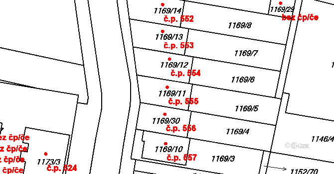 Plumlov 555 na parcele st. 1169/11 v KÚ Plumlov, Katastrální mapa