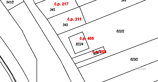 Olomučany 405 na parcele st. 822/4 v KÚ Olomučany, Katastrální mapa
