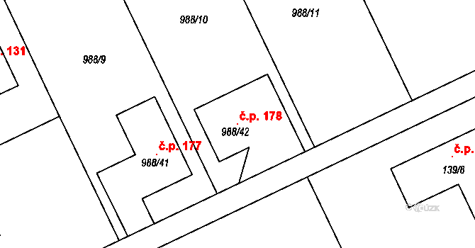 Dolní Heřmanice 178 na parcele st. 988/42 v KÚ Dolní Heřmanice, Katastrální mapa