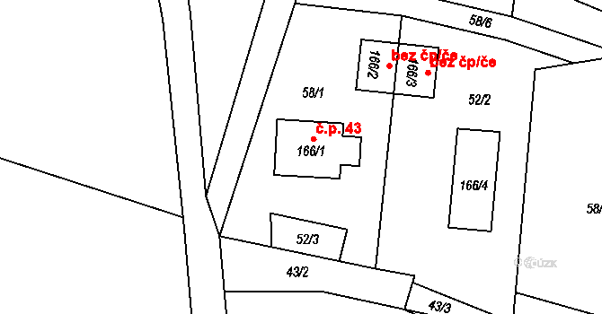 Guty 43, Třinec na parcele st. 166/1 v KÚ Guty, Katastrální mapa