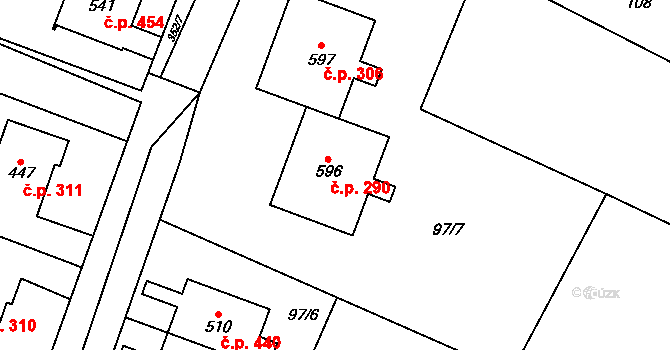 Rožďalovice 290 na parcele st. 596 v KÚ Rožďalovice, Katastrální mapa
