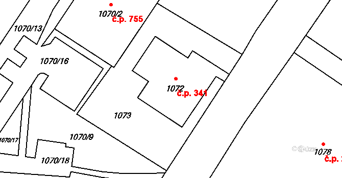 Nový Bor 341 na parcele st. 1072 v KÚ Nový Bor, Katastrální mapa