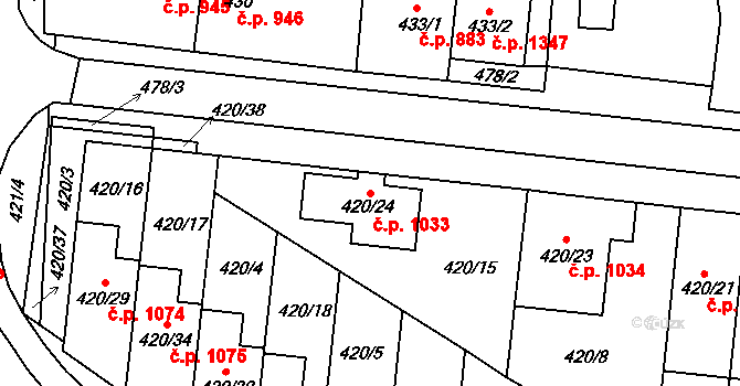 Ratíškovice 1033 na parcele st. 420/24 v KÚ Ratíškovice, Katastrální mapa