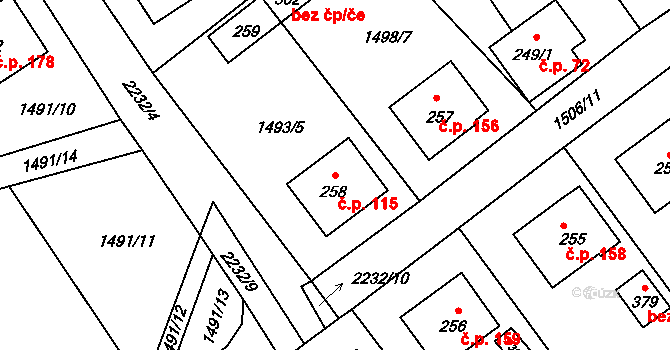 Rohozná 115 na parcele st. 258 v KÚ Rohozná u Jihlavy, Katastrální mapa