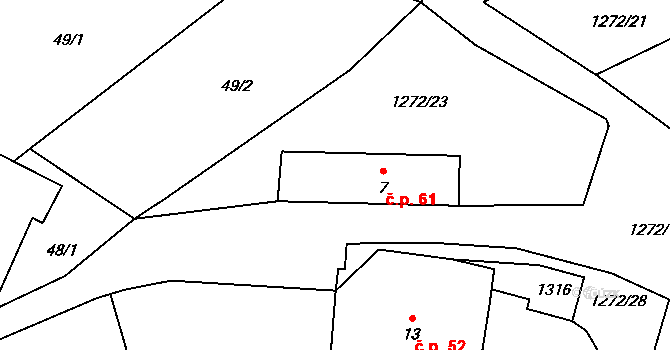 Daměnice 61, Načeradec na parcele st. 7 v KÚ Daměnice, Katastrální mapa