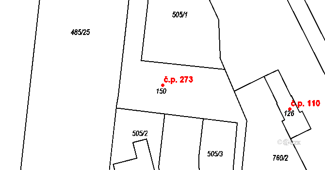 Slatinice 273 na parcele st. 150 v KÚ Slatinice na Hané, Katastrální mapa