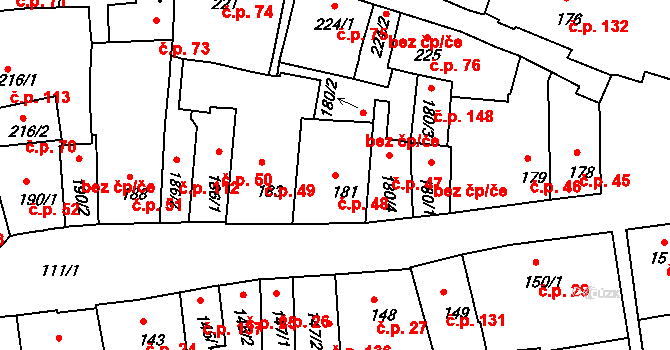 Zámostí 48, Třebíč na parcele st. 181 v KÚ Podklášteří, Katastrální mapa