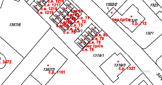 Pelhřimov 76 na parcele st. 1353/3 v KÚ Pelhřimov, Katastrální mapa