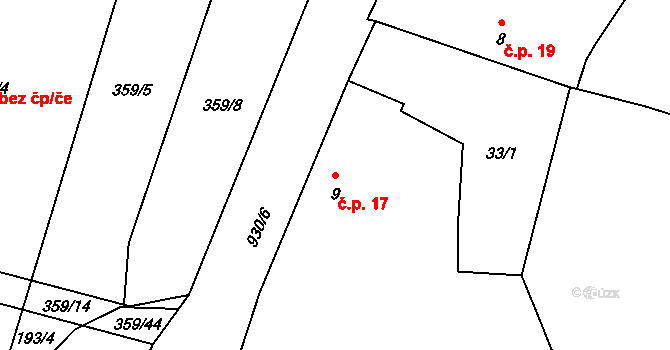 Ostřetice 17 na parcele st. 9 v KÚ Ostřetice, Katastrální mapa