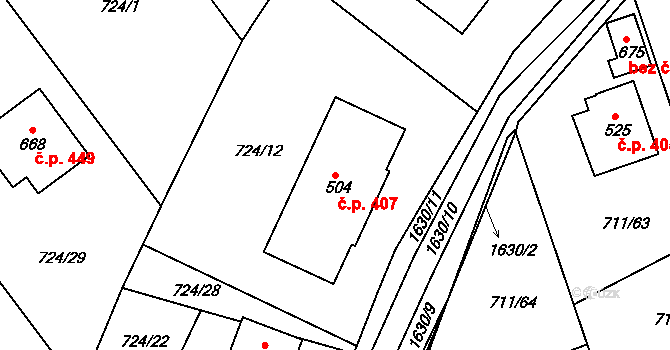 Švihov 407 na parcele st. 504 v KÚ Švihov u Klatov, Katastrální mapa