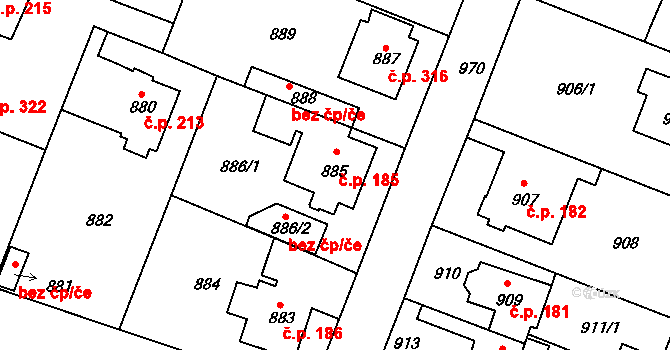 Satalice 185, Praha na parcele st. 885 v KÚ Satalice, Katastrální mapa