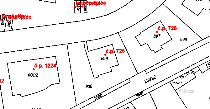 Košíře 725, Praha na parcele st. 899 v KÚ Košíře, Katastrální mapa