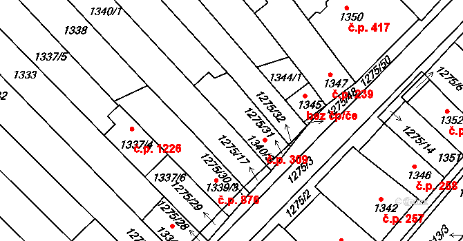 Mutěnice 309 na parcele st. 1340/3 v KÚ Mutěnice, Katastrální mapa
