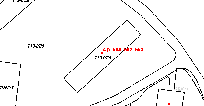 Teplické Předměstí 562,563,564, Bílina na parcele st. 1194/36 v KÚ Bílina, Katastrální mapa