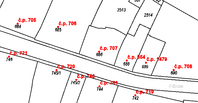 Rosice 707 na parcele st. 686 v KÚ Rosice u Brna, Katastrální mapa