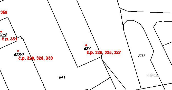 Mokrá 325,326,327, Mokrá-Horákov na parcele st. 634 v KÚ Mokrá u Brna, Katastrální mapa