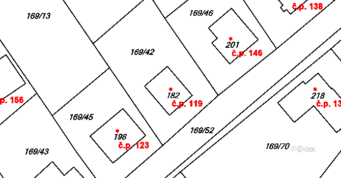 Tuchoraz 119 na parcele st. 182 v KÚ Tuchoraz, Katastrální mapa