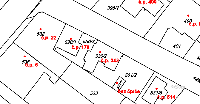 Koloděje 343, Praha na parcele st. 530/2 v KÚ Koloděje, Katastrální mapa