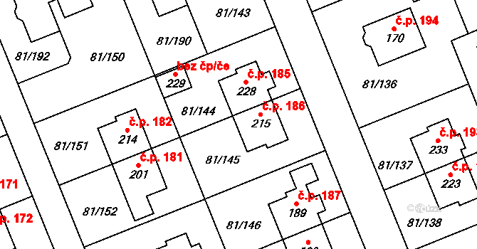 Nupaky 186 na parcele st. 215 v KÚ Nupaky, Katastrální mapa