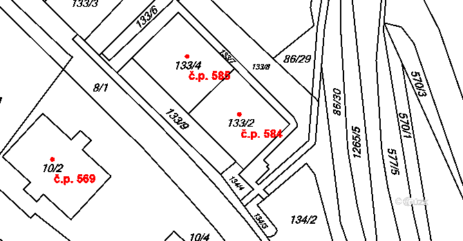 Zastávka 584 na parcele st. 133/2 v KÚ Zastávka, Katastrální mapa
