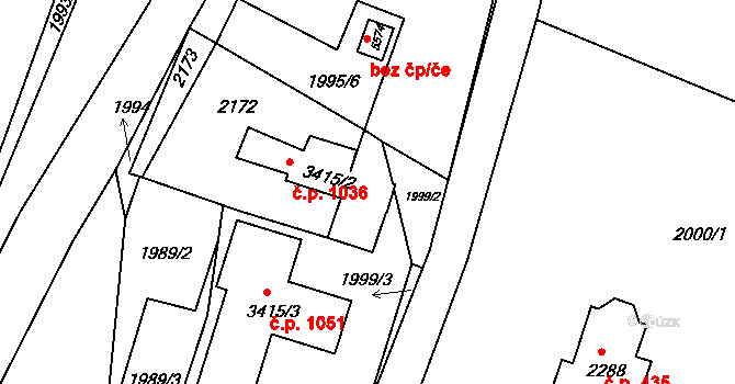 Stařečka 1036, Třebíč na parcele st. 3415/2 v KÚ Třebíč, Katastrální mapa