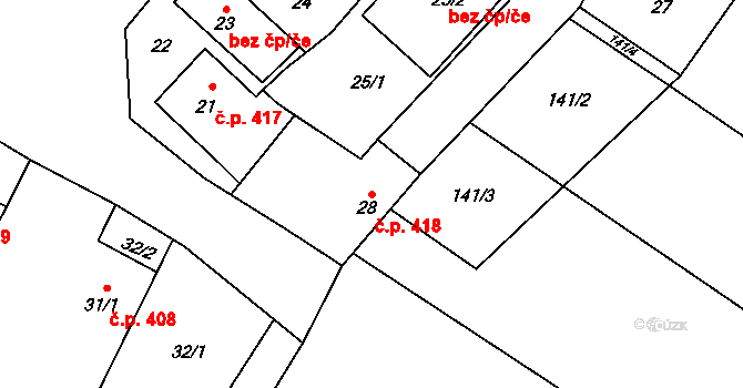 Pustina 418, Měřín na parcele st. 28 v KÚ Pustina u Měřína, Katastrální mapa