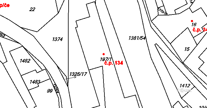 Radešínská Svratka 134 na parcele st. 197/1 v KÚ Radešínská Svratka, Katastrální mapa