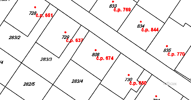 Malenovice 674, Zlín na parcele st. 808 v KÚ Malenovice u Zlína, Katastrální mapa