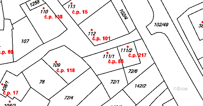 Kostelany nad Moravou 55 na parcele st. 111/1 v KÚ Kostelany nad Moravou, Katastrální mapa