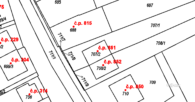 Nivnice 851 na parcele st. 707/2 v KÚ Nivnice, Katastrální mapa