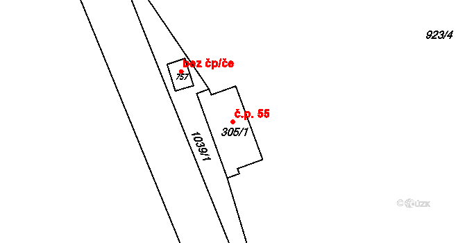 Hrochův Týnec 55 na parcele st. 305/1 v KÚ Hrochův Týnec, Katastrální mapa
