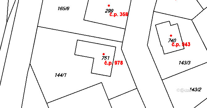 Rudná 978 na parcele st. 751 v KÚ Dušníky u Rudné, Katastrální mapa