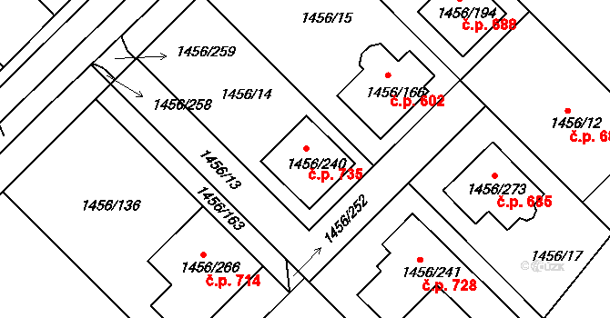 Troubsko 735 na parcele st. 1456/240 v KÚ Troubsko, Katastrální mapa